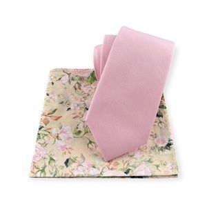 Men’s Orchid Pink Slim Necktie & Cream Floral Print Pocket Square